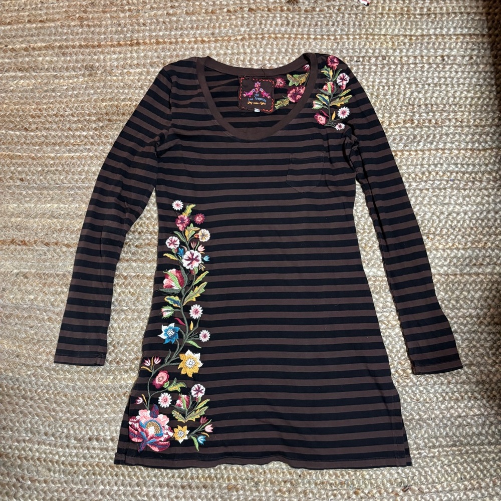 Striped Johnny Was Floral Embroidered Long Sleeve Top
